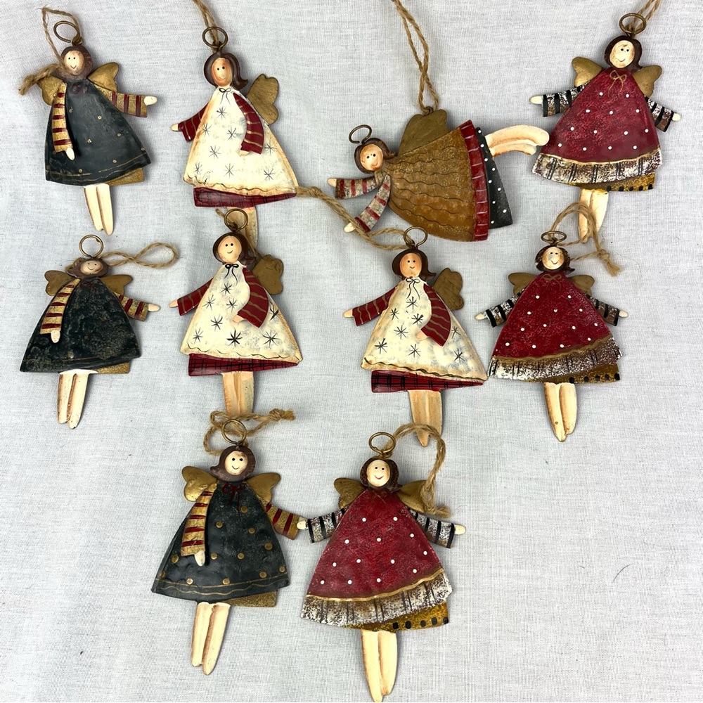 Set of 10 flat Metal Whimsical Christmas Angel Ornaments